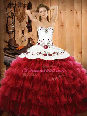 Hot Sale Wine Red Organza Lace Up Quinceanera Dress Sleeveless Floor Length Embroidery and Ruffled Layers