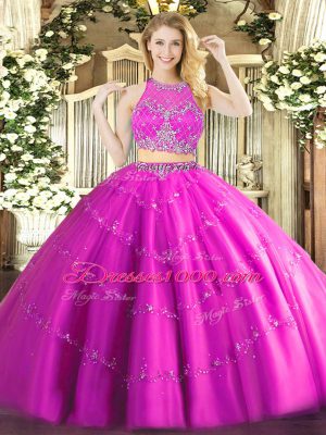 Exceptional Fuchsia Two Pieces Tulle Scoop Sleeveless Beading Floor Length Zipper 15 Quinceanera Dress
