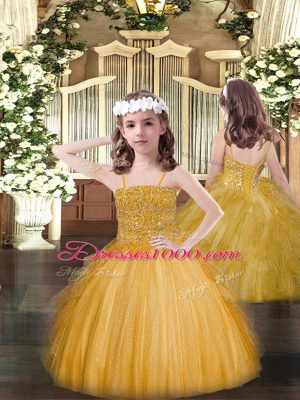 Gold Ball Gowns Spaghetti Straps Sleeveless Tulle Floor Length Lace Up Beading and Ruffles Little Girl Pageant Gowns