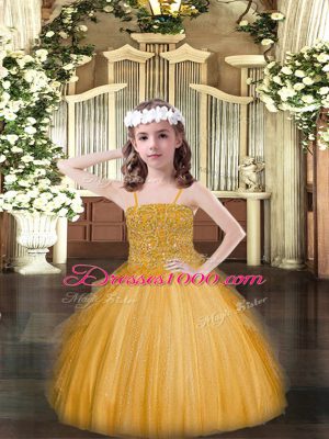 Gold Ball Gowns Spaghetti Straps Sleeveless Tulle Floor Length Lace Up Beading and Ruffles Little Girl Pageant Gowns