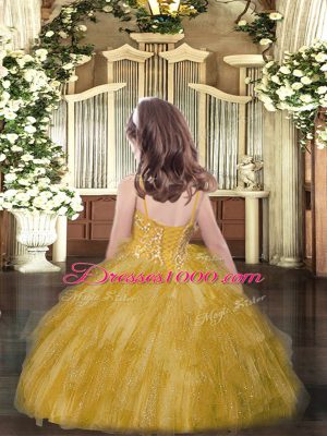 Gold Ball Gowns Spaghetti Straps Sleeveless Tulle Floor Length Lace Up Beading and Ruffles Little Girl Pageant Gowns