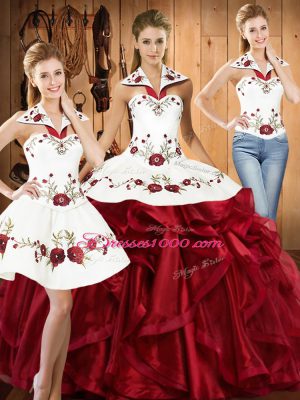 Elegant Wine Red Sleeveless Floor Length Embroidery and Ruffles Lace Up 15th Birthday Dress