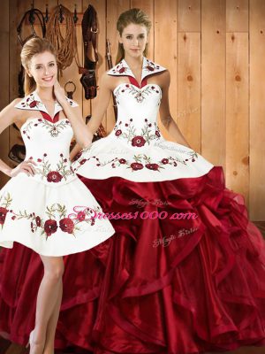 Elegant Wine Red Sleeveless Floor Length Embroidery and Ruffles Lace Up 15th Birthday Dress