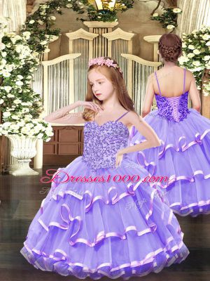 Customized Floor Length Lavender Pageant Dress Wholesale Organza Sleeveless Appliques and Ruffled Layers