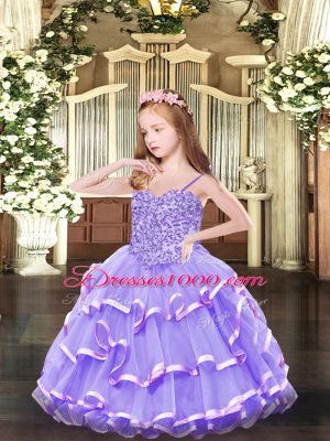 Customized Floor Length Lavender Pageant Dress Wholesale Organza Sleeveless Appliques and Ruffled Layers