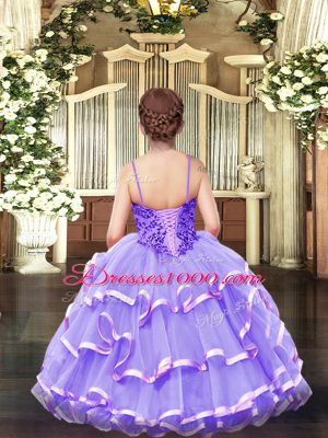 Customized Floor Length Lavender Pageant Dress Wholesale Organza Sleeveless Appliques and Ruffled Layers
