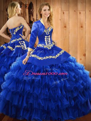 Discount Blue Ball Gowns Sweetheart Sleeveless Satin and Organza Floor Length Lace Up Embroidery and Ruffled Layers Quince Ball Gowns