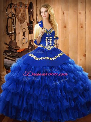 Discount Blue Ball Gowns Sweetheart Sleeveless Satin and Organza Floor Length Lace Up Embroidery and Ruffled Layers Quince Ball Gowns