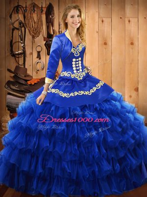 Discount Blue Ball Gowns Sweetheart Sleeveless Satin and Organza Floor Length Lace Up Embroidery and Ruffled Layers Quince Ball Gowns