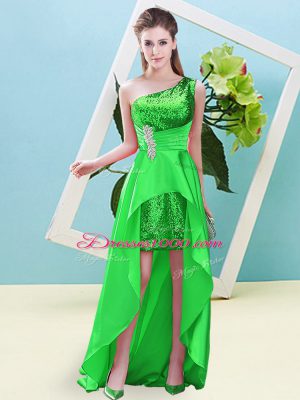 Beauteous High Low Green Dress for Prom Elastic Woven Satin and Sequined Sleeveless Beading and Sequins