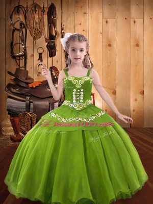 Sleeveless Organza Floor Length Lace Up Little Girls Pageant Dress in Green with Embroidery
