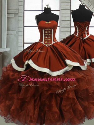 Luxurious Organza Sweetheart Sleeveless Lace Up Beading and Ruffles Ball Gown Prom Dress in Rust Red