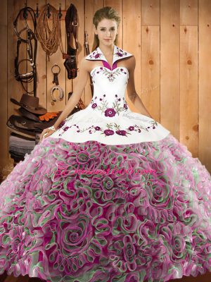Dynamic Halter Top Sleeveless Sweep Train Lace Up Quince Ball Gowns Multi-color Fabric With Rolling Flowers