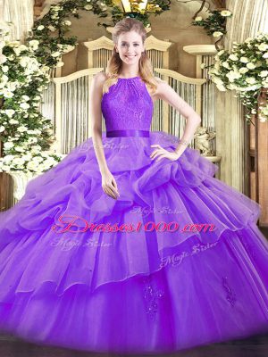 Sleeveless Floor Length Lace and Ruffled Layers Zipper Quinceanera Dress with Eggplant Purple