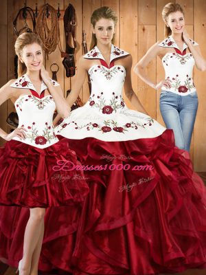Great Halter Top Sleeveless Organza Sweet 16 Quinceanera Dress Embroidery and Ruffles Lace Up