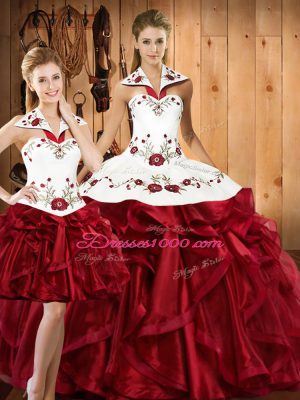 Great Halter Top Sleeveless Organza Sweet 16 Quinceanera Dress Embroidery and Ruffles Lace Up