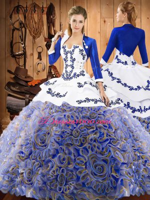 Satin and Fabric With Rolling Flowers Strapless Sleeveless Sweep Train Lace Up Embroidery Quinceanera Gown in Multi-color