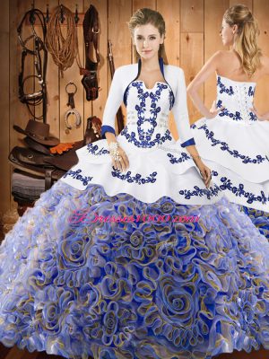 Satin and Fabric With Rolling Flowers Strapless Sleeveless Sweep Train Lace Up Embroidery Quinceanera Gown in Multi-color