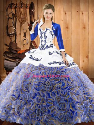 Satin and Fabric With Rolling Flowers Strapless Sleeveless Sweep Train Lace Up Embroidery Quinceanera Gown in Multi-color