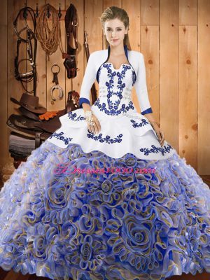 Satin and Fabric With Rolling Flowers Strapless Sleeveless Sweep Train Lace Up Embroidery Quinceanera Gown in Multi-color