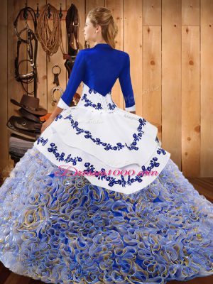 Satin and Fabric With Rolling Flowers Strapless Sleeveless Sweep Train Lace Up Embroidery Quinceanera Gown in Multi-color