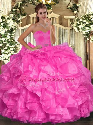 Hot Pink Ball Gowns Sweetheart Sleeveless Organza Floor Length Lace Up Beading and Ruffles Ball Gown Prom Dress