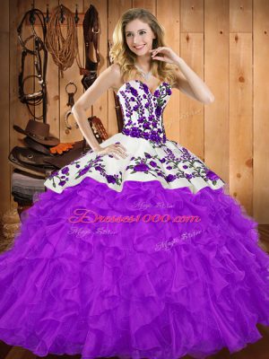 Customized Purple Sleeveless Floor Length Embroidery and Ruffles Lace Up Quinceanera Gown