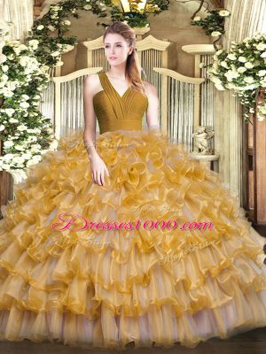 Custom Made Brown Vestidos de Quinceanera Military Ball and Sweet 16 and Quinceanera with Ruffled Layers V-neck Sleeveless Zipper