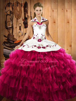 Fuchsia Sleeveless Floor Length Embroidery and Ruffled Layers Lace Up Vestidos de Quinceanera