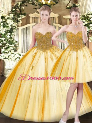 Sweetheart Sleeveless Tulle Vestidos de Quinceanera Beading and Appliques Lace Up