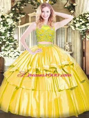 Affordable Yellow Sleeveless Beading and Ruffled Layers Floor Length 15 Quinceanera Dress