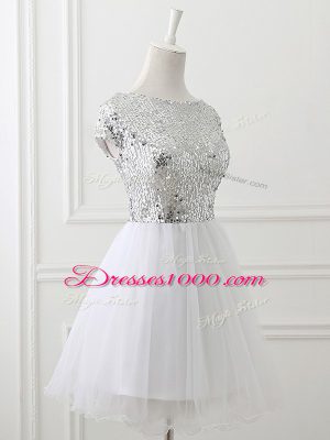 Tulle Scoop Cap Sleeves Zipper Sequins Wedding Guest Dresses in White