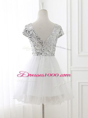 Tulle Scoop Cap Sleeves Zipper Sequins Wedding Guest Dresses in White