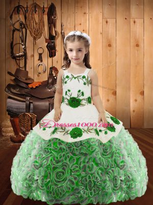 Multi-color Ball Gowns Straps Sleeveless Fabric With Rolling Flowers Floor Length Lace Up Embroidery and Ruffles Kids Pageant Dress