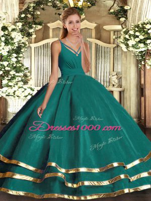 Nice Sleeveless Organza Floor Length Backless Ball Gown Prom Dress in Turquoise with Ruffled Layers