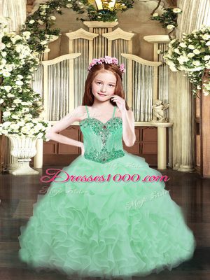 Simple Organza Spaghetti Straps Sleeveless Lace Up Beading and Ruffles and Pick Ups Party Dress in Apple Green