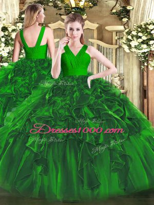 Glittering Dark Green Zipper V-neck Ruffles 15 Quinceanera Dress Organza Sleeveless