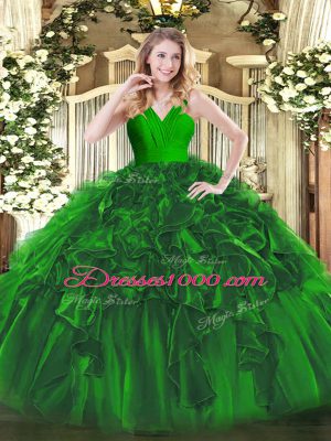 Glittering Dark Green Zipper V-neck Ruffles 15 Quinceanera Dress Organza Sleeveless