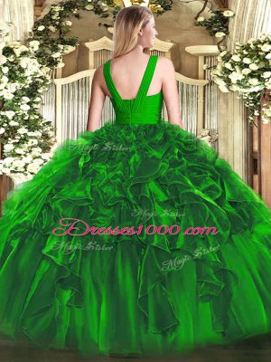 Glittering Dark Green Zipper V-neck Ruffles 15 Quinceanera Dress Organza Sleeveless