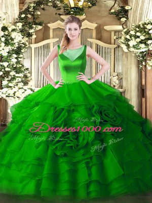 Popular Green Zipper Scoop Beading and Ruffled Layers 15th Birthday Dress Organza Sleeveless