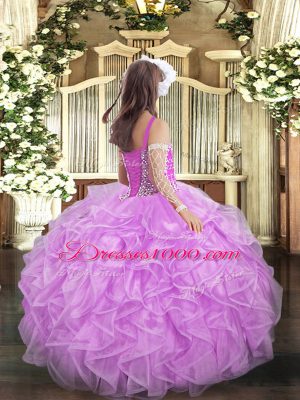 Rose Pink Organza Lace Up Straps Sleeveless Floor Length Little Girls Pageant Gowns Beading and Ruffles