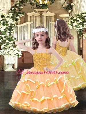 Elegant Floor Length Orange Little Girls Pageant Gowns Spaghetti Straps Sleeveless Lace Up