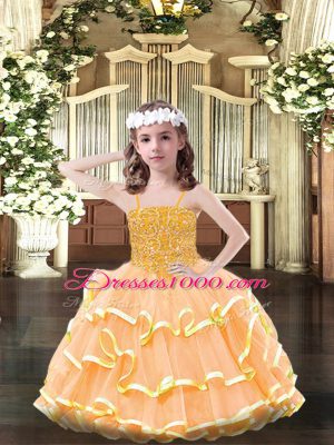 Elegant Floor Length Orange Little Girls Pageant Gowns Spaghetti Straps Sleeveless Lace Up