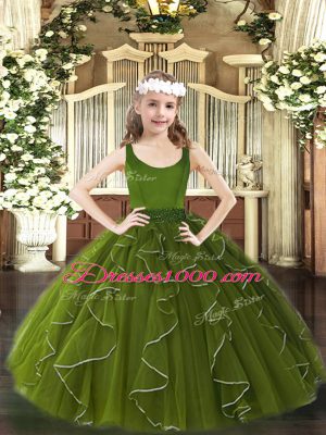 Olive Green Scoop Neckline Beading and Ruffles Child Pageant Dress Sleeveless Zipper