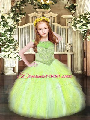 Trendy Yellow Green Ball Gowns Scoop Sleeveless Organza Floor Length Zipper Beading and Ruffles Pageant Dress for Teens