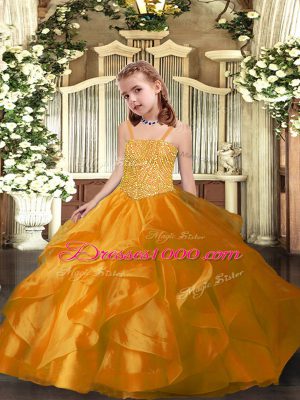 Superior Straps Sleeveless Evening Gowns Floor Length Beading and Ruffles Orange Organza