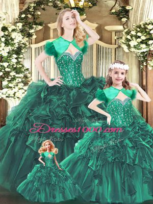 Green Ball Gowns Sweetheart Sleeveless Organza Floor Length Lace Up Beading and Ruffles Vestidos de Quinceanera