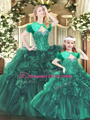 Green Ball Gowns Sweetheart Sleeveless Organza Floor Length Lace Up Beading and Ruffles Vestidos de Quinceanera