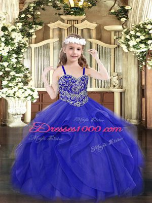 Blue Straps Neckline Beading and Ruffles Pageant Gowns Sleeveless Lace Up