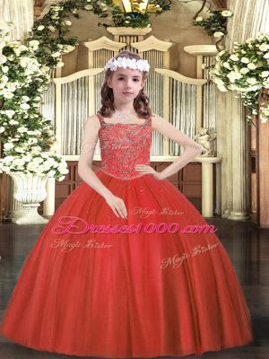 Fancy Red Sleeveless Floor Length Beading Zipper Child Pageant Dress